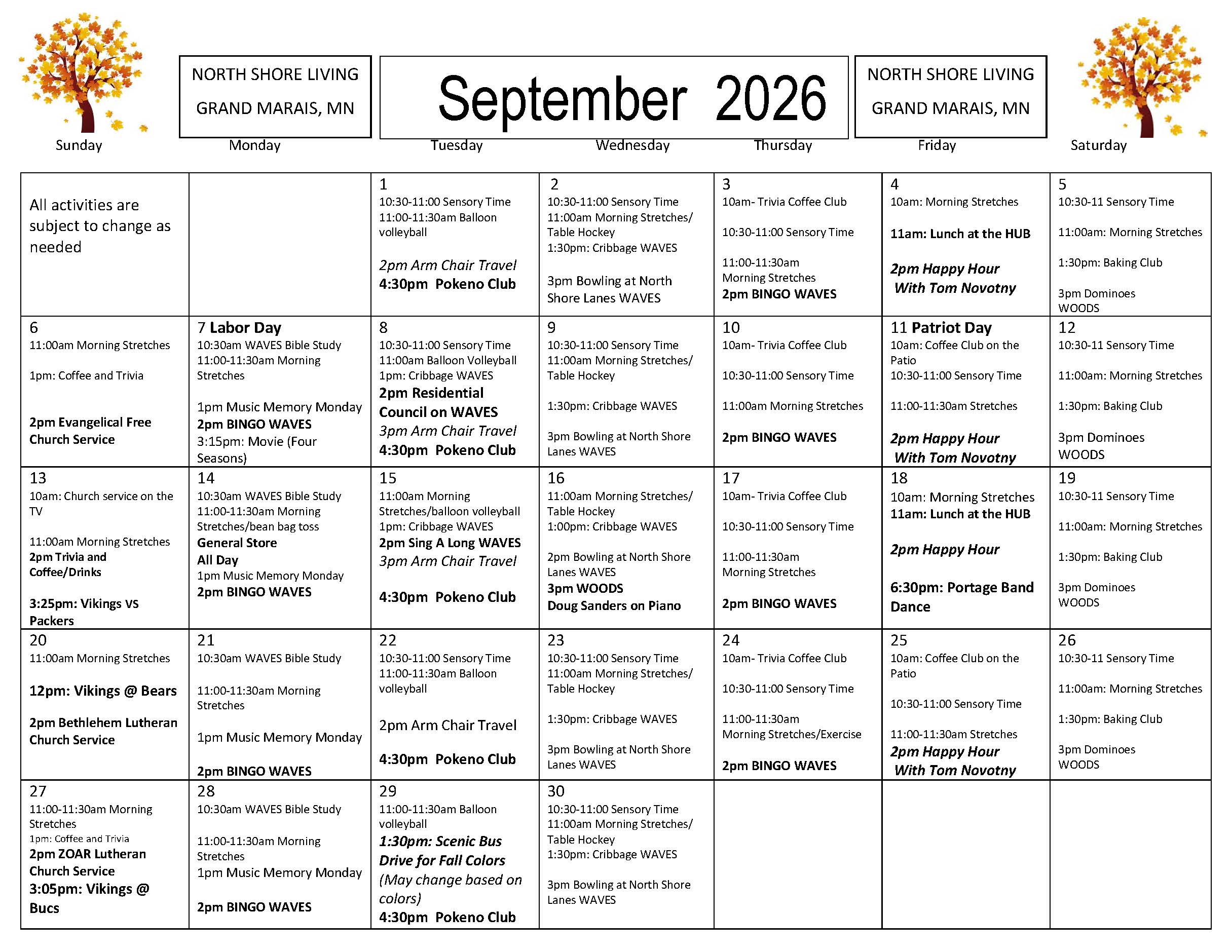 September Care Center Activities Calendar 